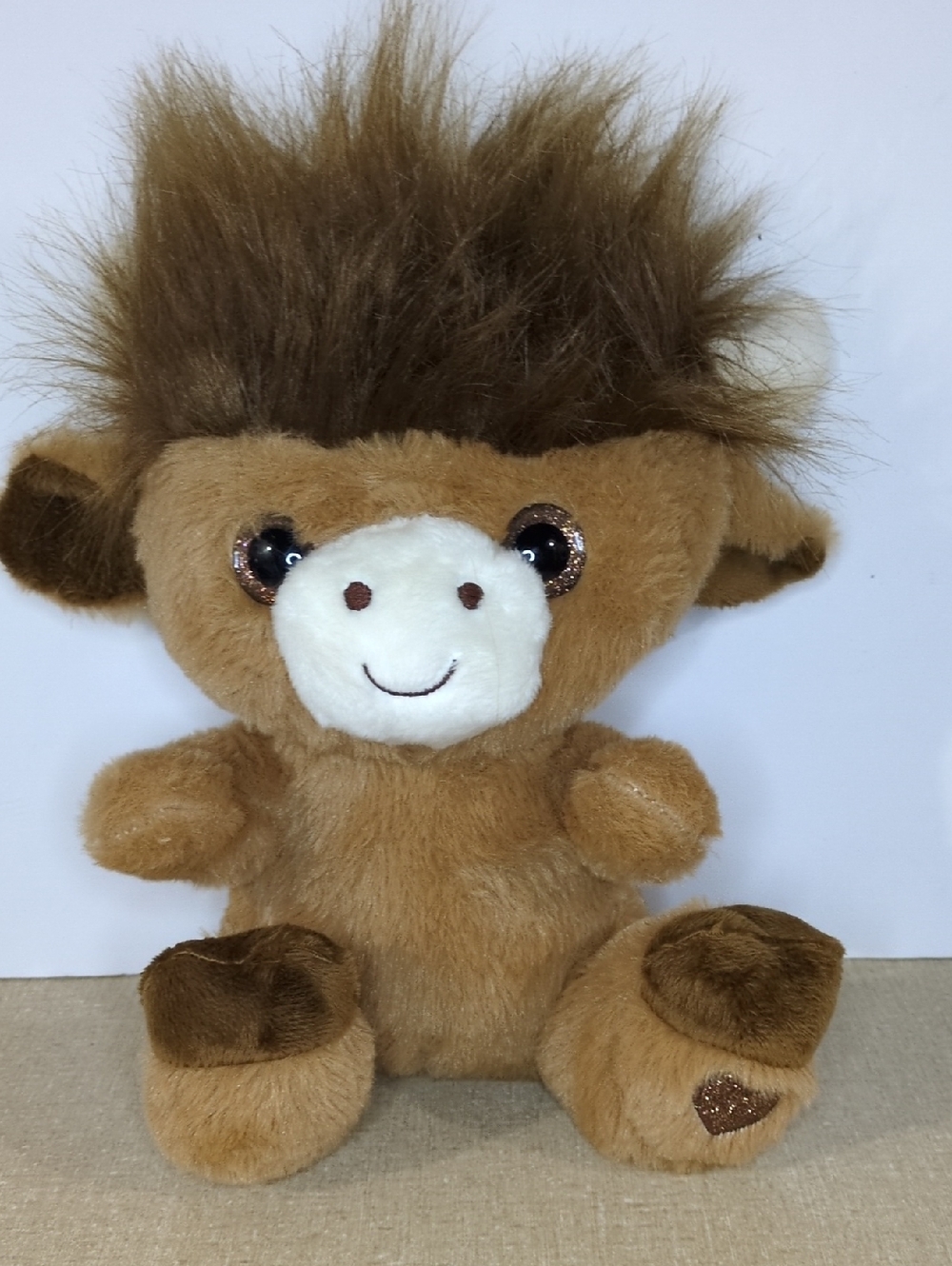 Highland Cow Horns Smile Stuffed Plush Animal 10” Glitter Eyes Fuzzy Hair Heart